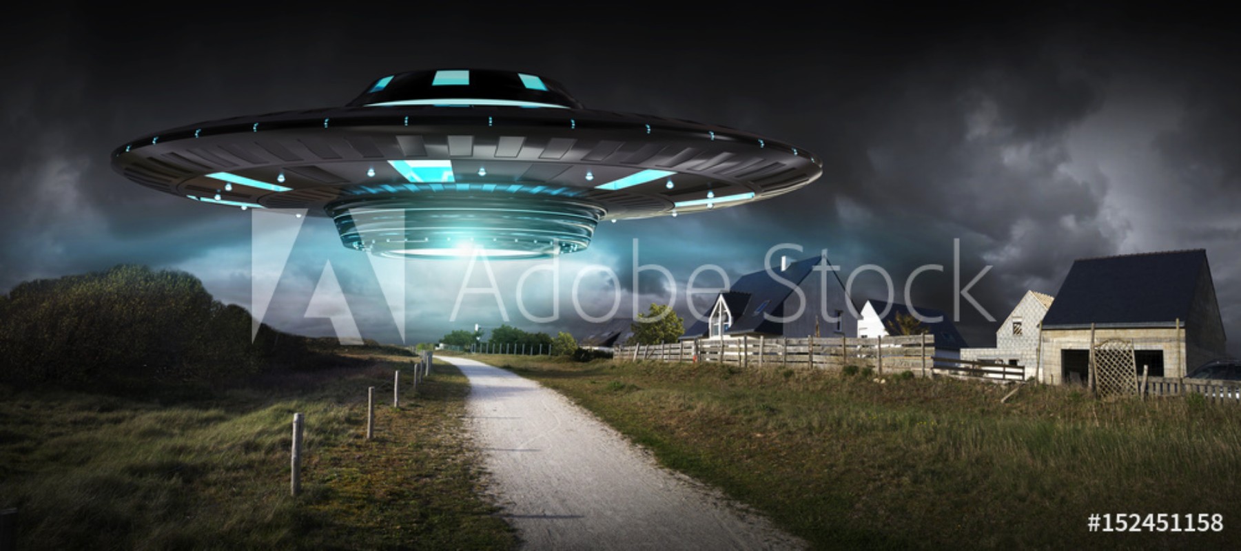 Afbeeldingen van UFO invasion on planet earth landascape 3D rendering
